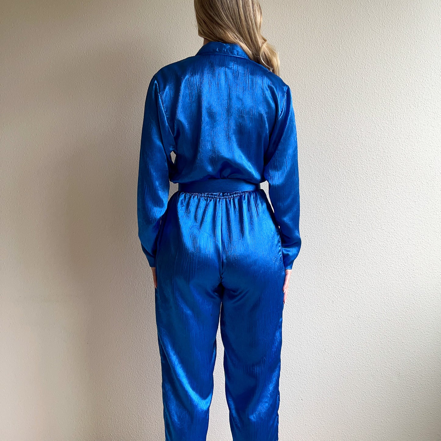 1980s Cobalt Blue Silky Belted Jumpsuit (S/M)