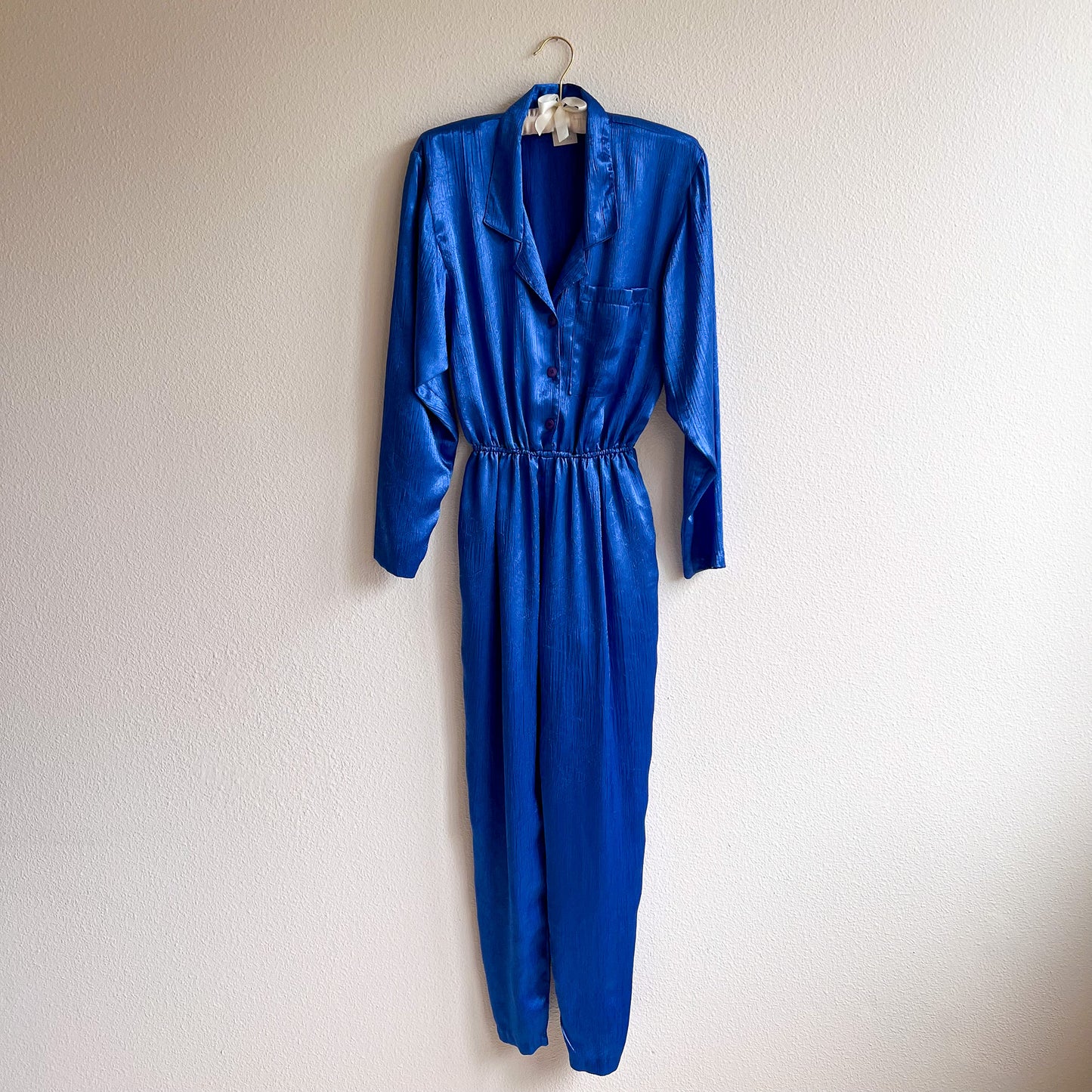 1980s Cobalt Blue Silky Belted Jumpsuit (S/M)