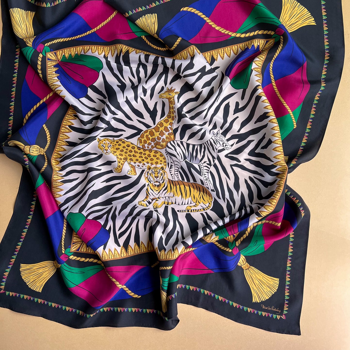 1980s Diane Von Furstenberg Zebra Print Silk Scarf