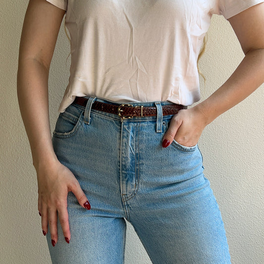 1980s Cognac Brown Belt With Gold Buckle