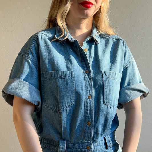 1980s Denim Buttoned Dress With Pockets (L/XL)