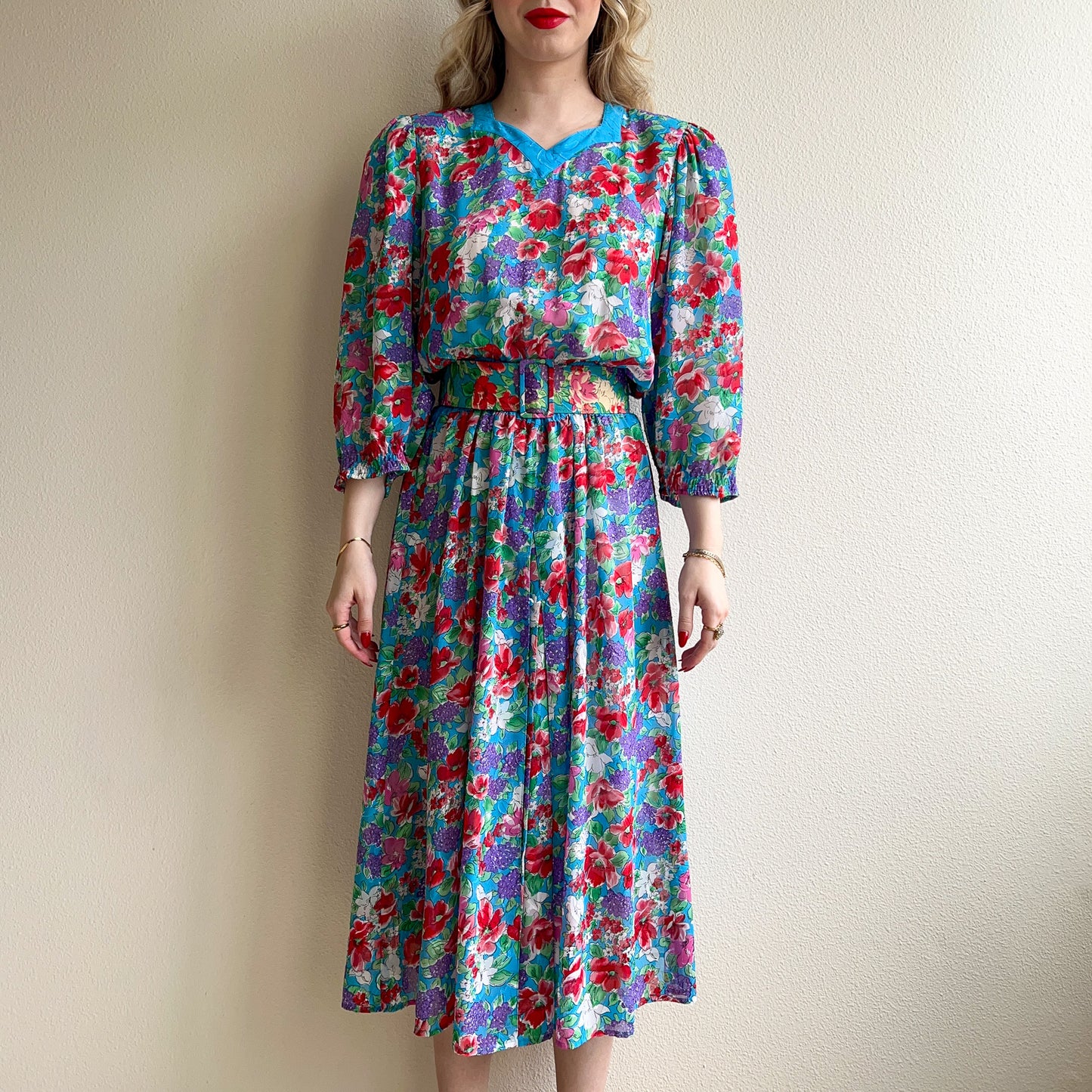 1980s Diane Freis Red Poppy Dress With Turquoise Details (S/M)