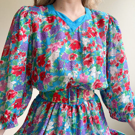 1980s Diane Freis Red Poppy Dress With Turquoise Details (S/M)