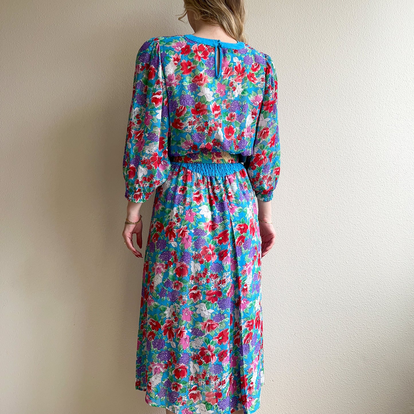 1980s Diane Freis Red Poppy Dress With Turquoise Details (S/M)