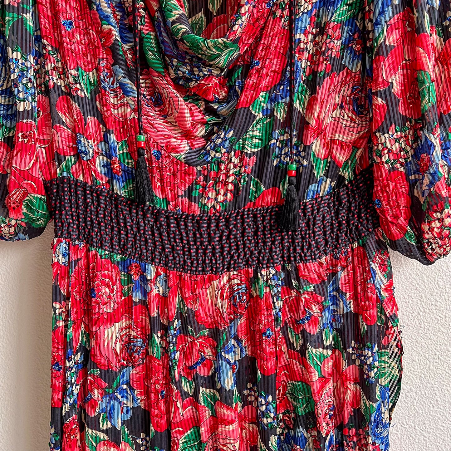1980s Diane Freis Red Floral Dress With Sequins (L/XL)