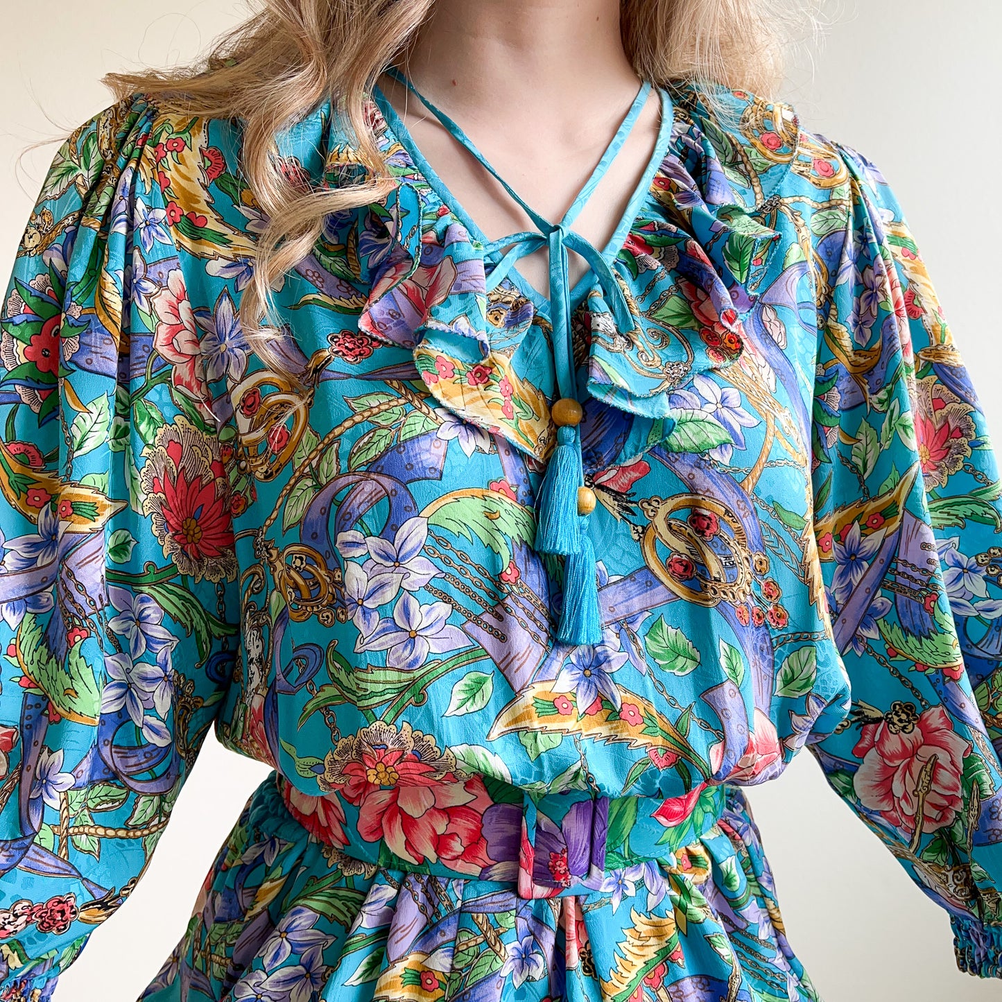 1980s Diane Freis Floral Print Dress With Ruffled Collar (S/M)
