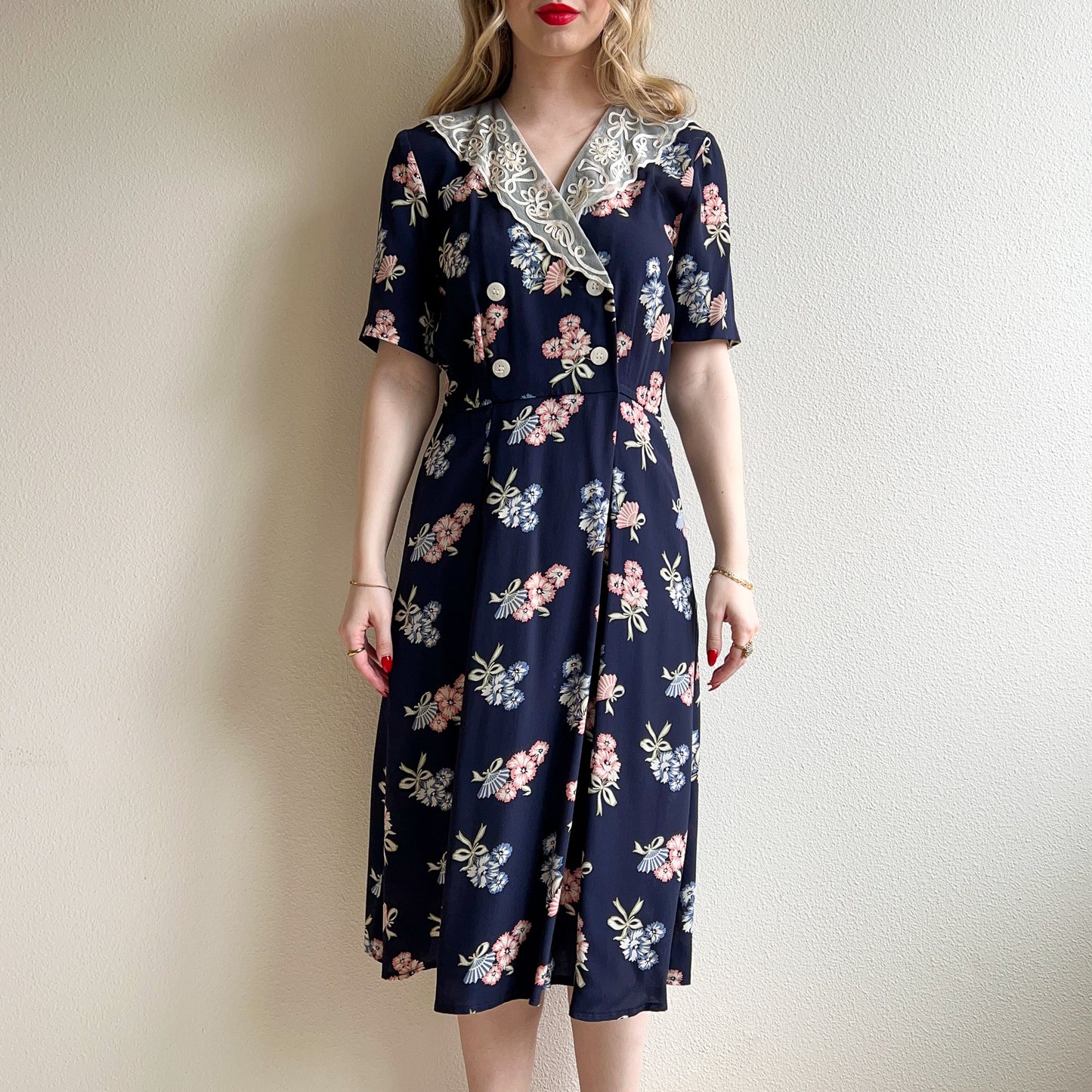 1980s-Does-1930s Double Breasted Navy Floral Dress (M)