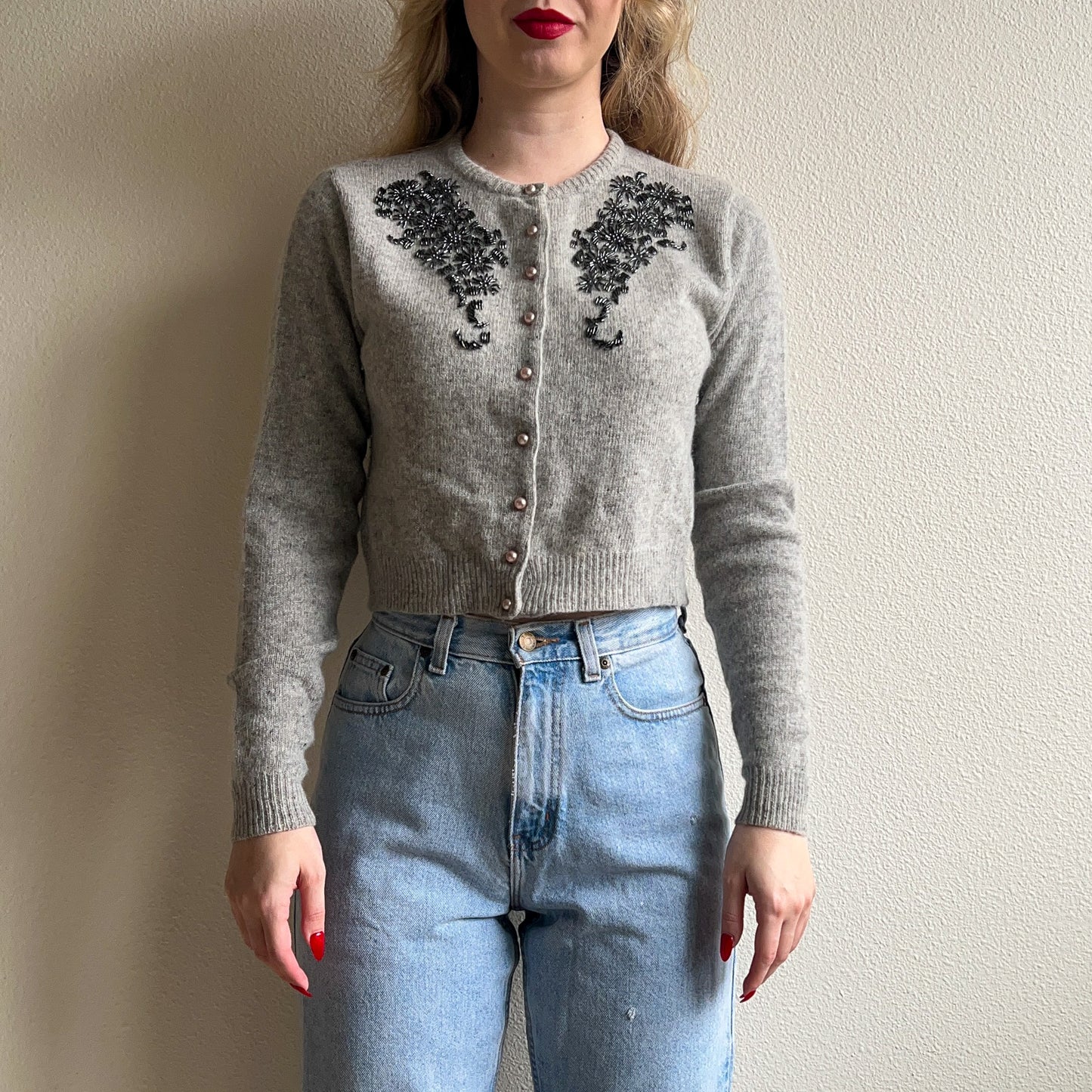 1980s-Does-1950s Gray Cardigan With Beading (S/M)