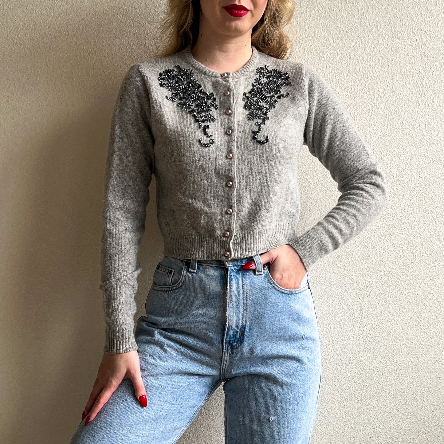 1980s-Does-1950s Gray Cardigan With Beading (S/M)