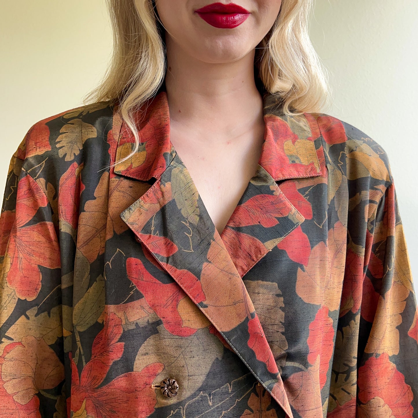 1980s Double-Breasted Dress With Golden Red Flora Print (L/XL)