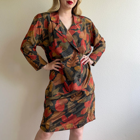1980s Double-Breasted Dress With Golden Red Flora Print (L/XL)