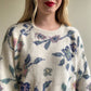 Fabulous 1980s White Silk Sweater With Purple Florals (L/XL)