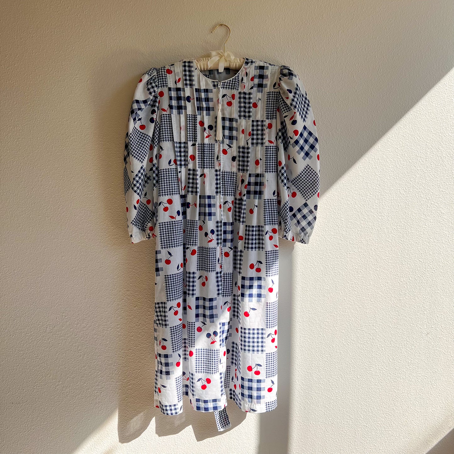 1980s Blue Gingham Summer Dress With Cherries (M/L)