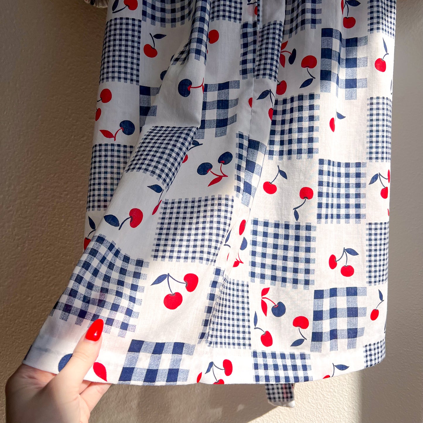 1980s Blue Gingham Summer Dress With Cherries (M/L)