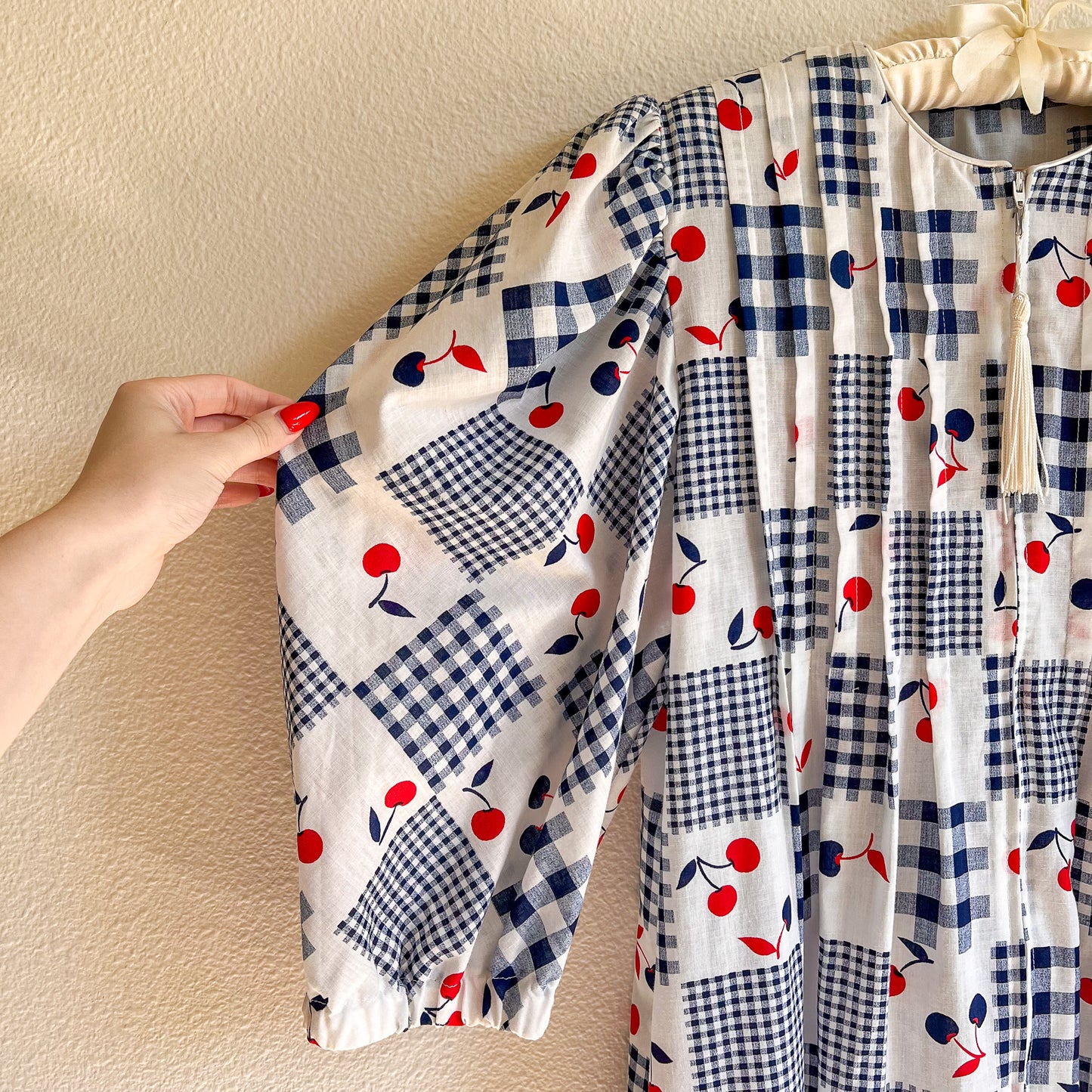 1980s Blue Gingham Summer Dress With Cherries (M/L)