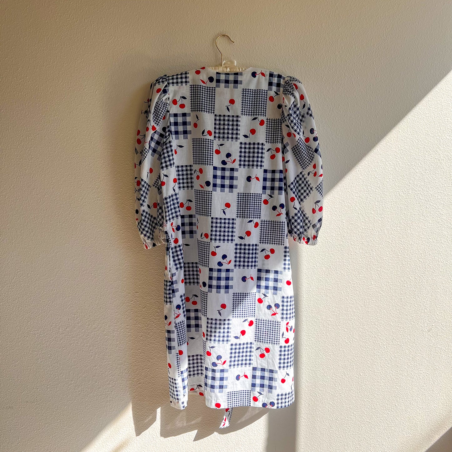 1980s Blue Gingham Summer Dress With Cherries (M/L)