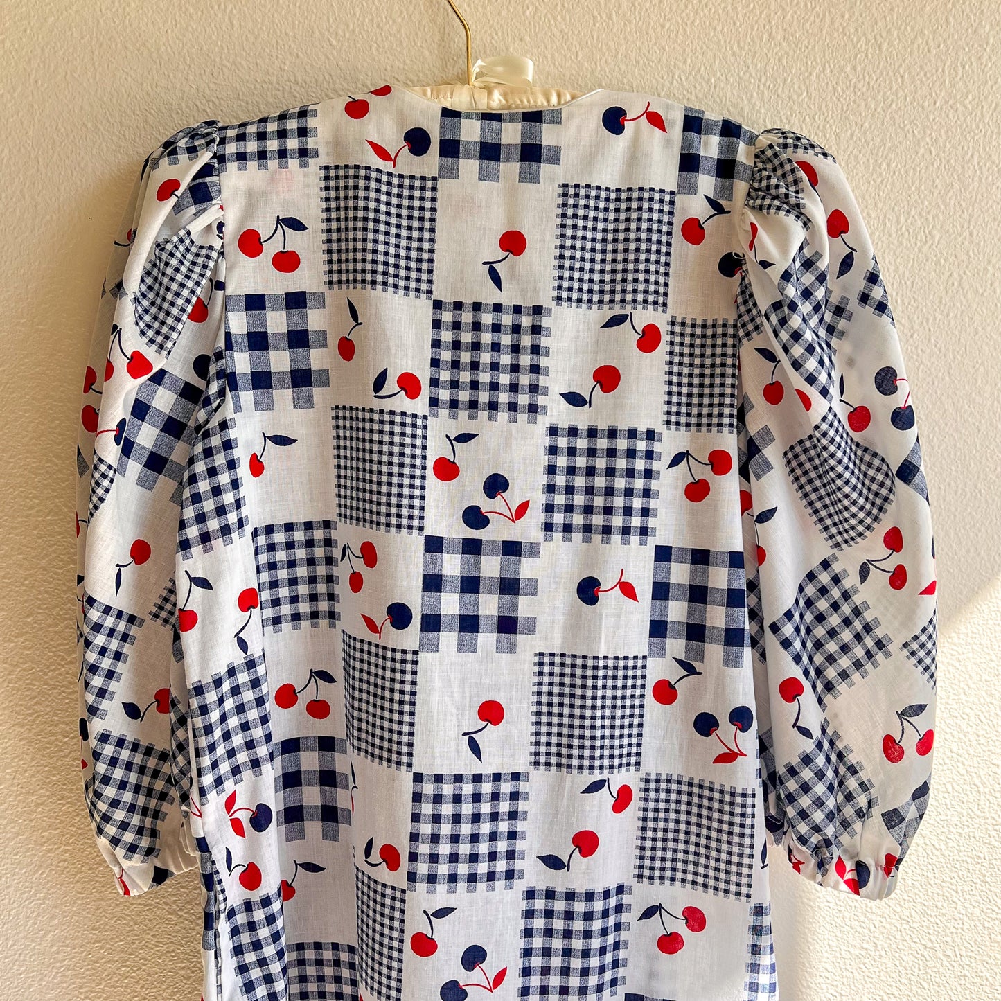 1980s Blue Gingham Summer Dress With Cherries (M/L)