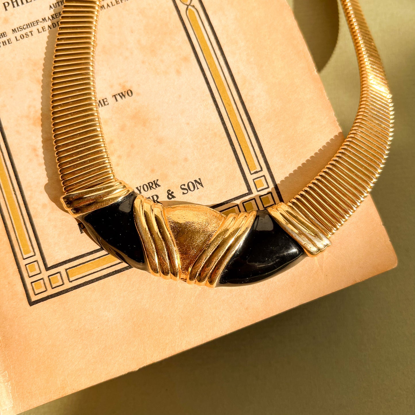 1980s Gold Collar Necklace With Black Accents
