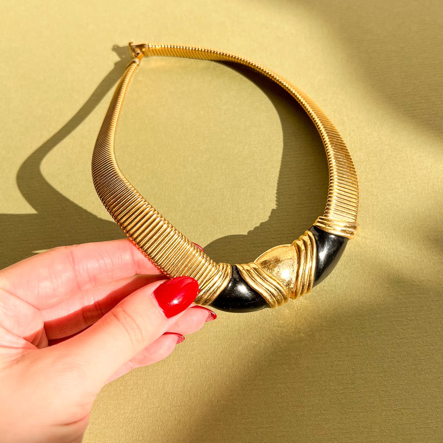 1980s Gold Collar Necklace With Black Accents