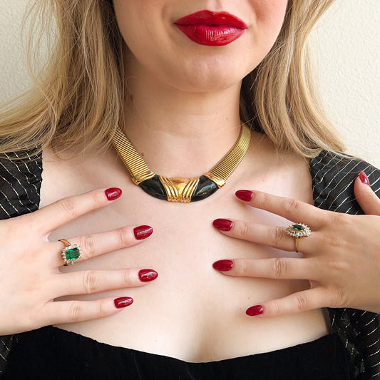 1980s Gold Collar Necklace With Black Accents