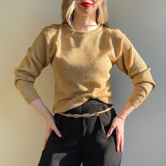 1980s Gold-Tone Thin Belt With Rhinestones (M)