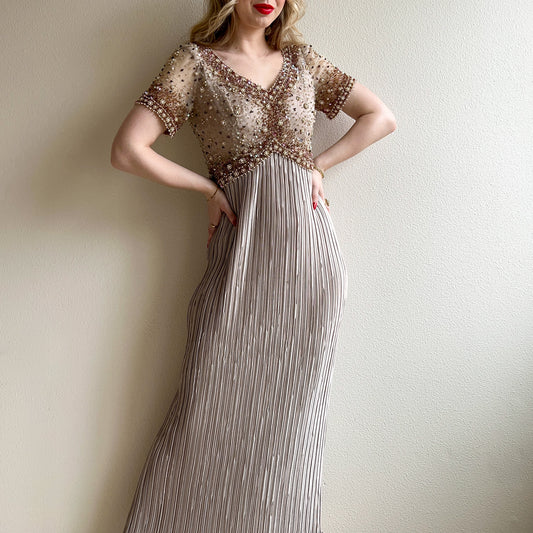 Fabulous 1980s Gray Pleated Gown With Beading (XS/X)