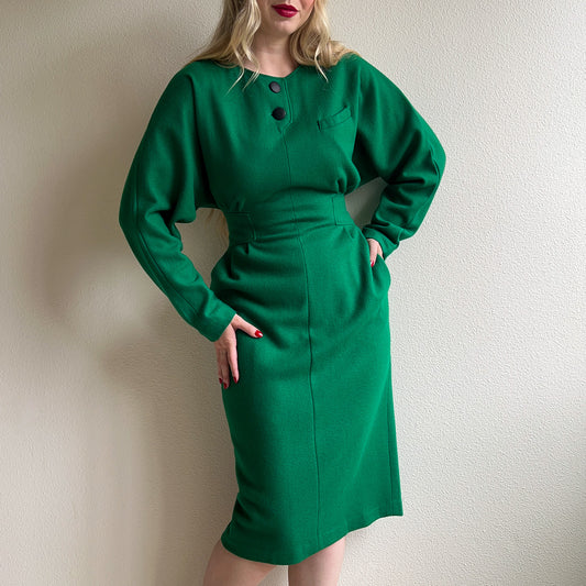 1980s Pine Green Wool Dress With Pockets (M/L)