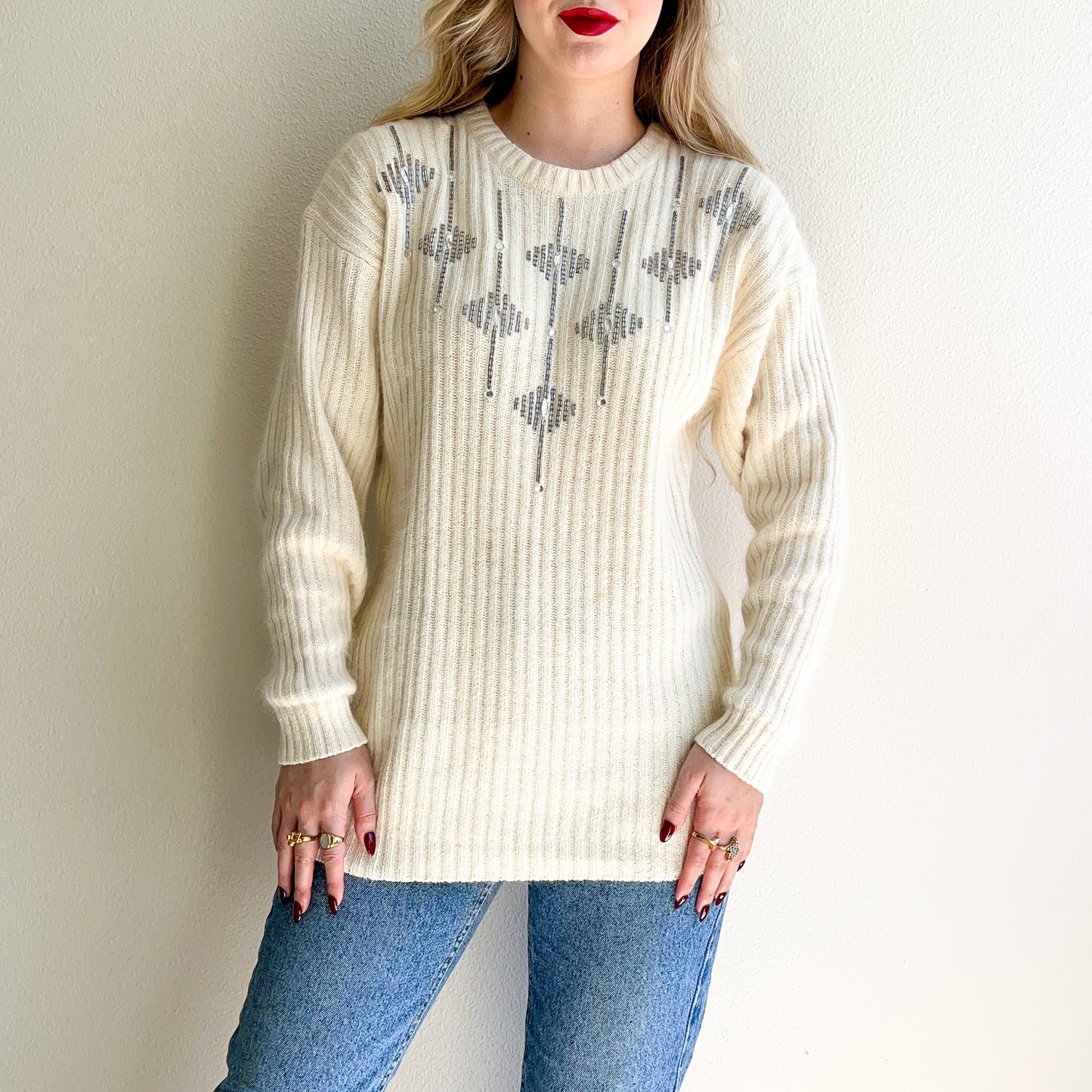 1980s Ivory Fuzzy Sweater With Crystals (M/L)