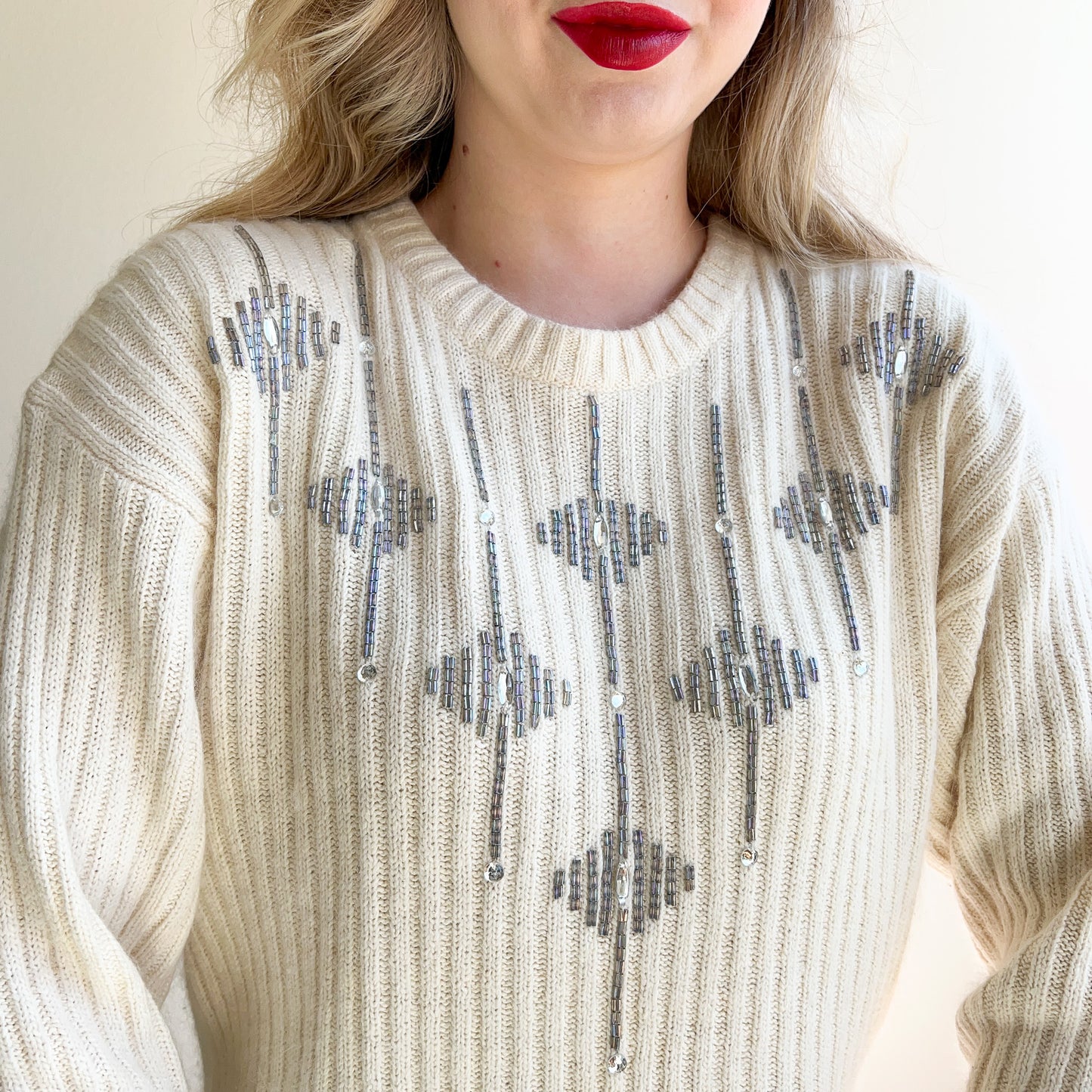 1980s Ivory Fuzzy Sweater With Crystals (M/L)