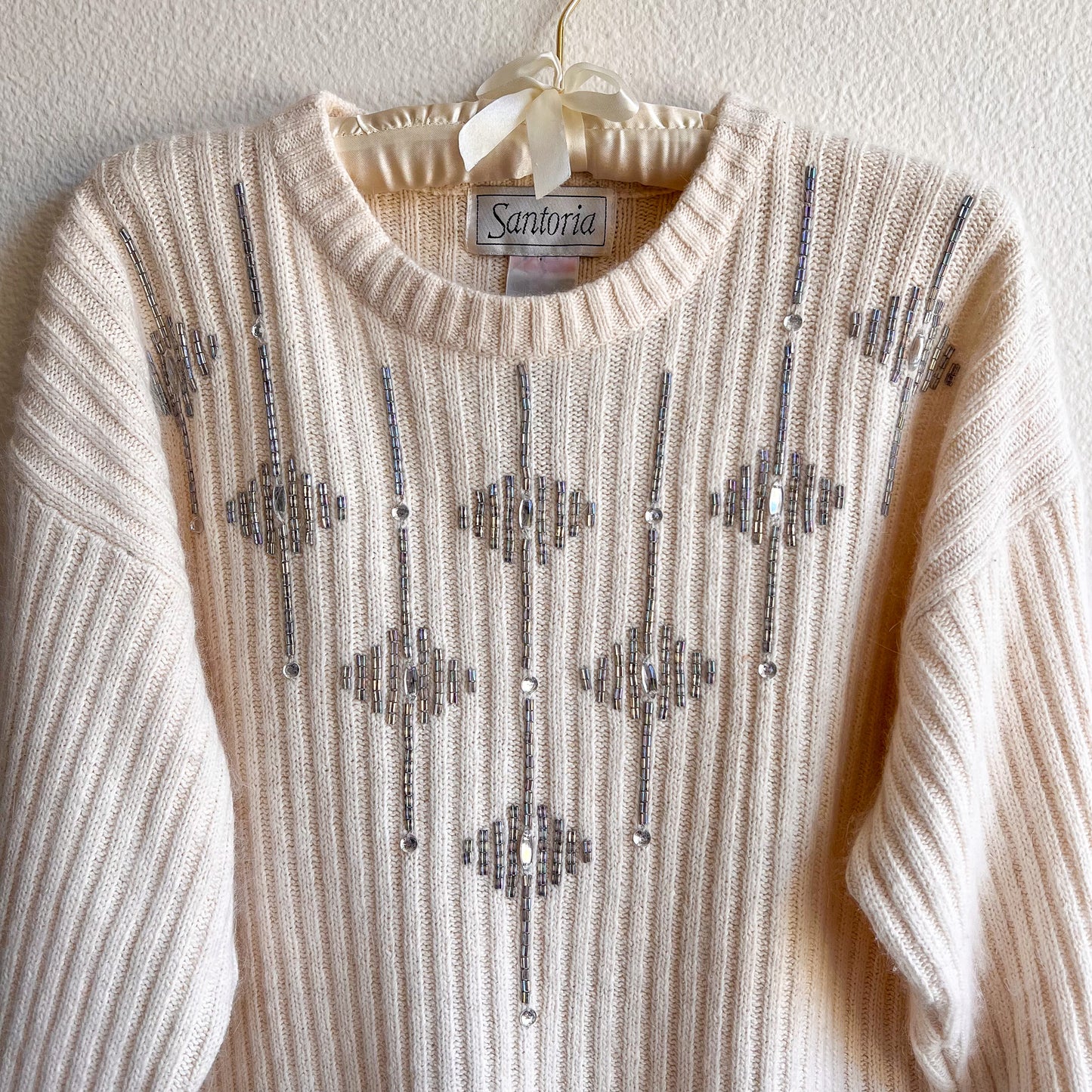 1980s Ivory Fuzzy Sweater With Crystals (M/L)