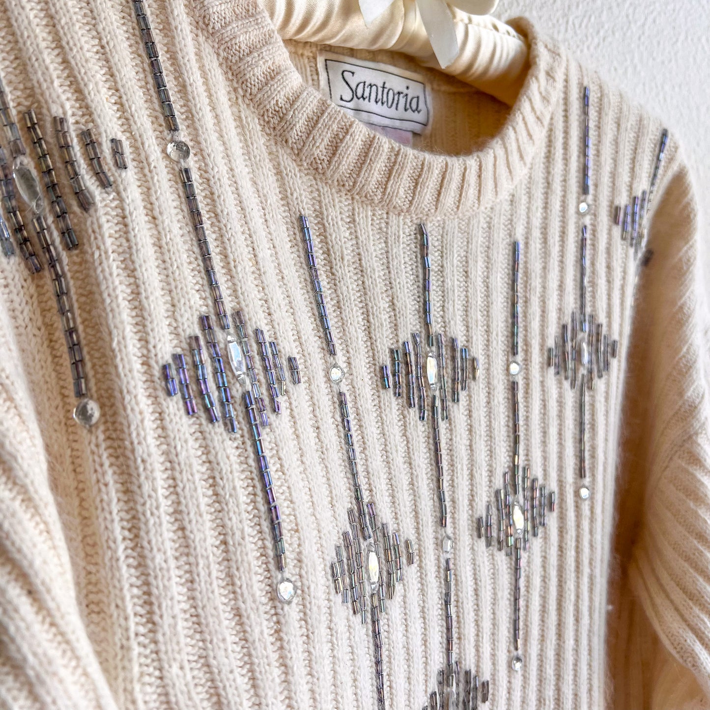 1980s Ivory Fuzzy Sweater With Crystals (M/L)