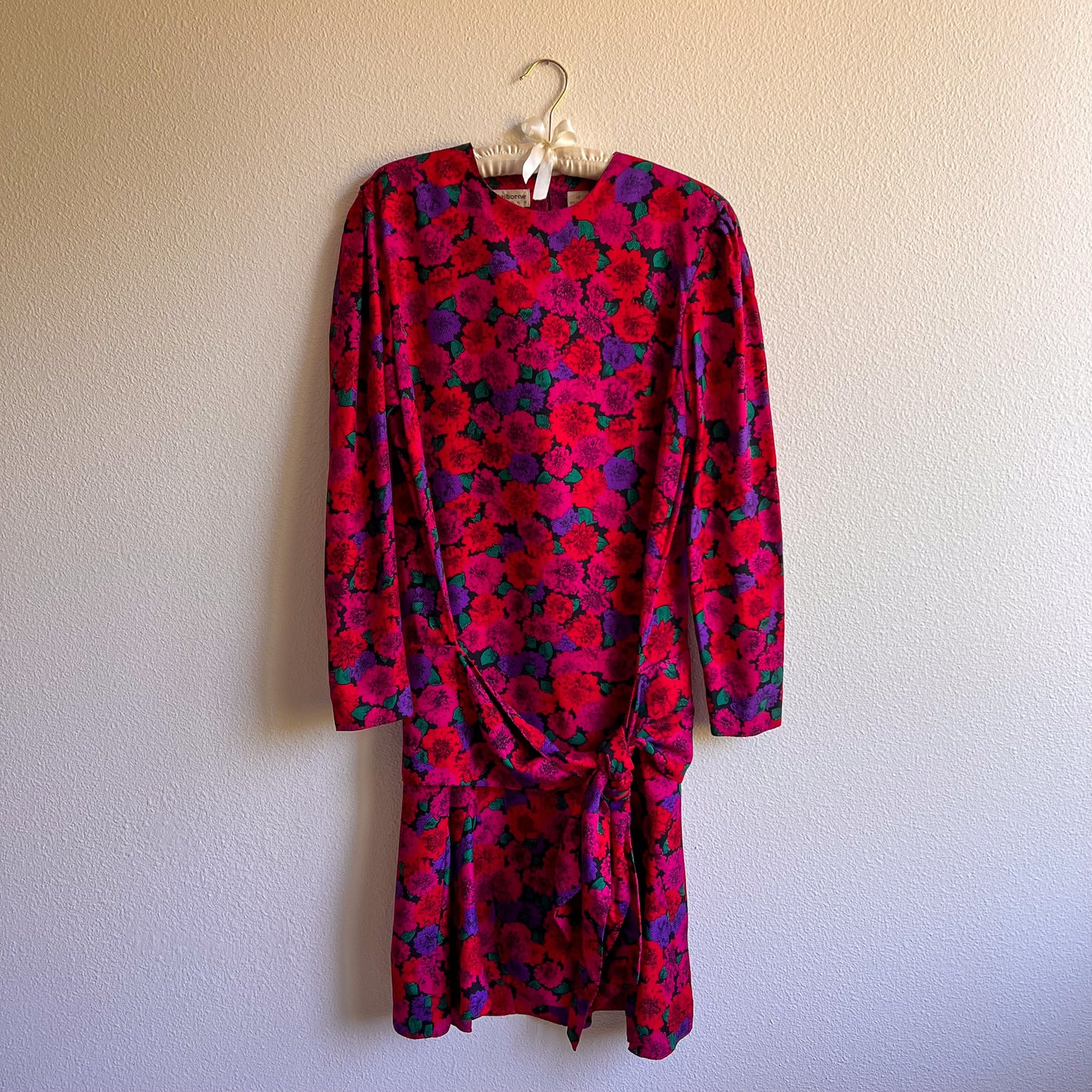 Beautiful 1980s Jewel-Toned Chrysanthemums Silk Dress (L/XL)