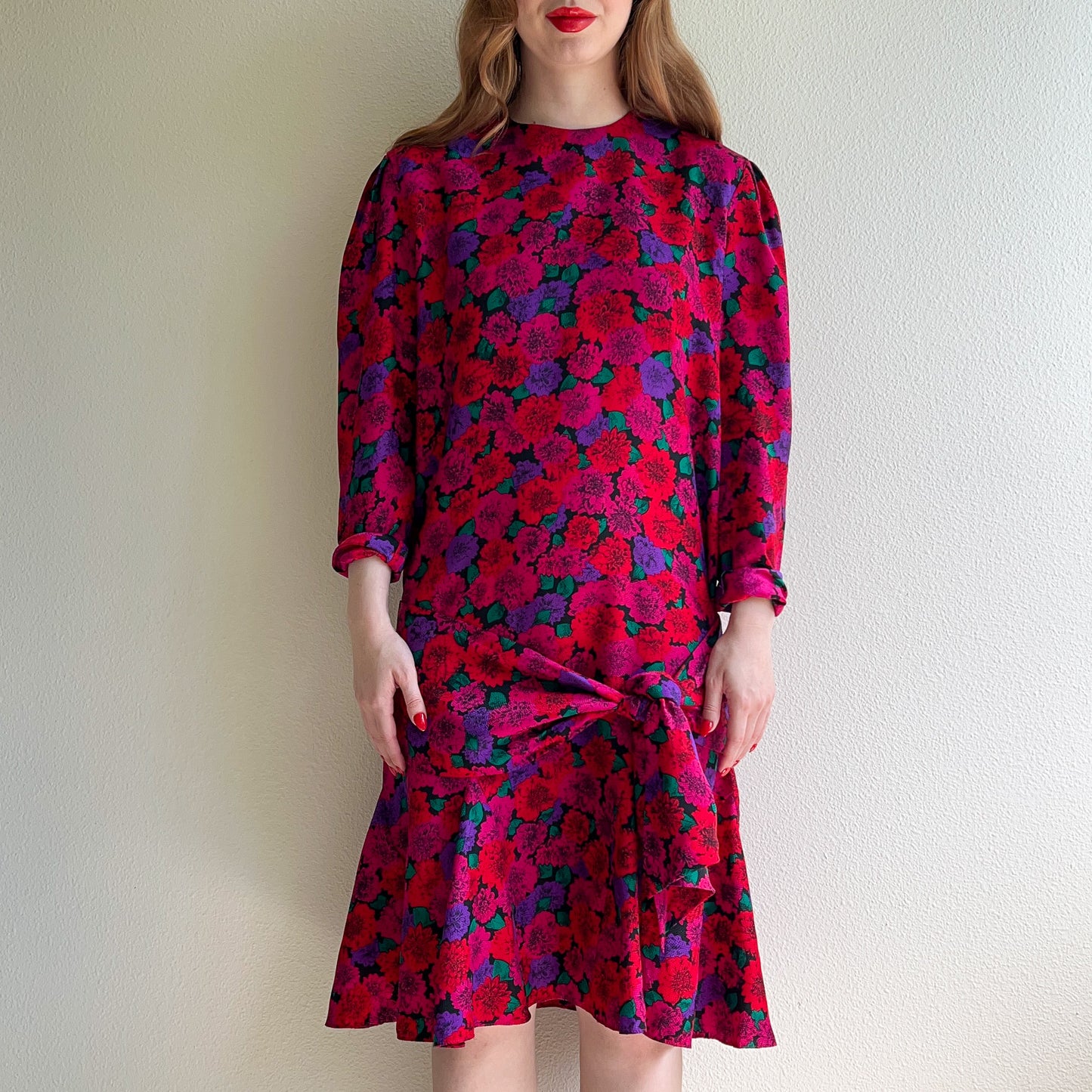 Beautiful 1980s Jewel-Toned Chrysanthemums Silk Dress (L/XL)