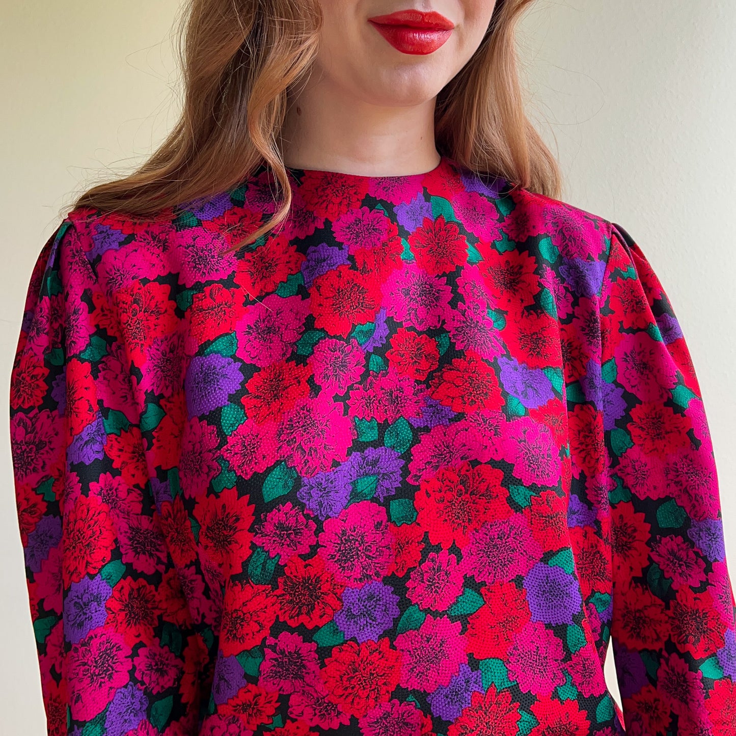 Beautiful 1980s Jewel-Toned Chrysanthemums Silk Dress (L/XL)