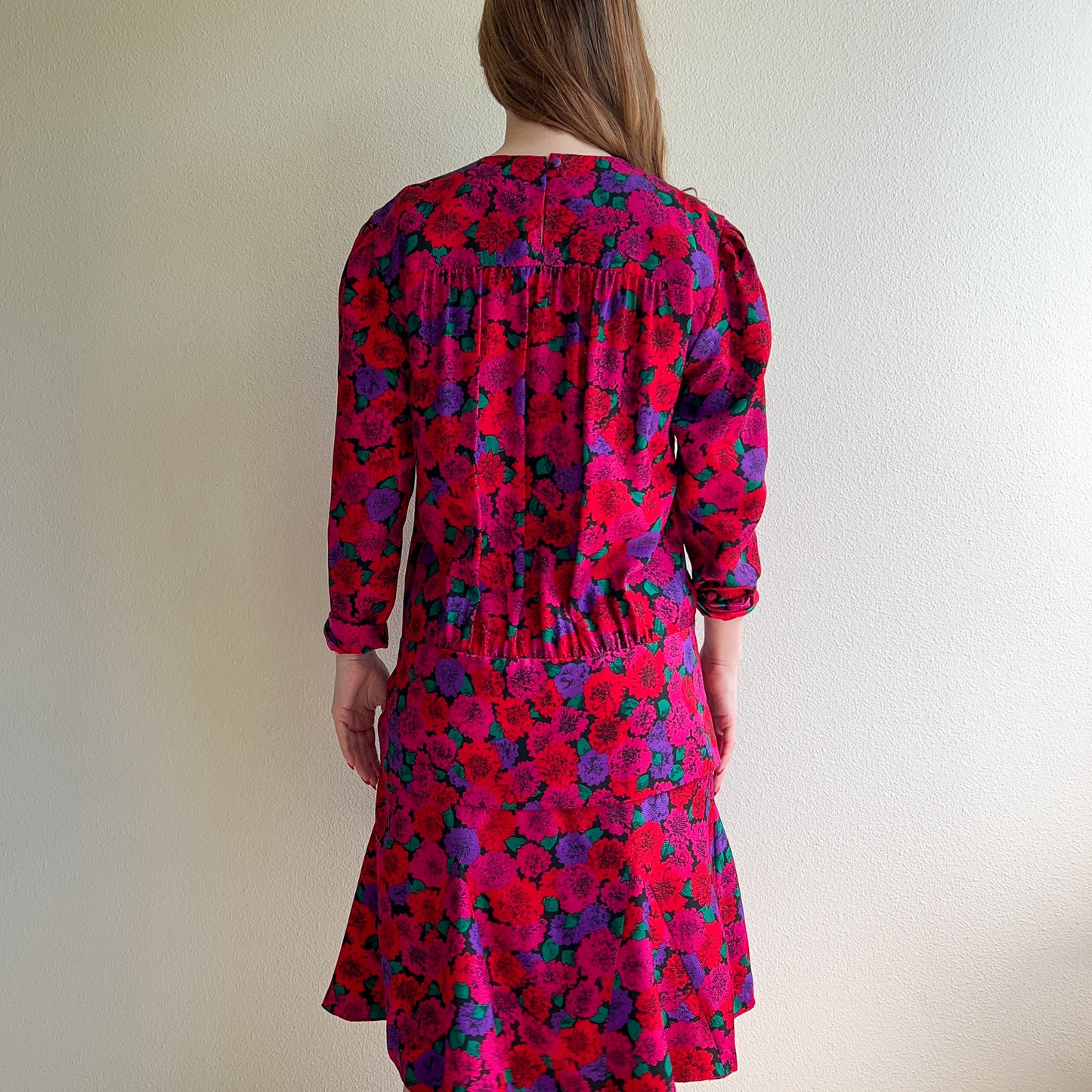 Beautiful 1980s Jewel-Toned Chrysanthemums Silk Dress (L/XL)