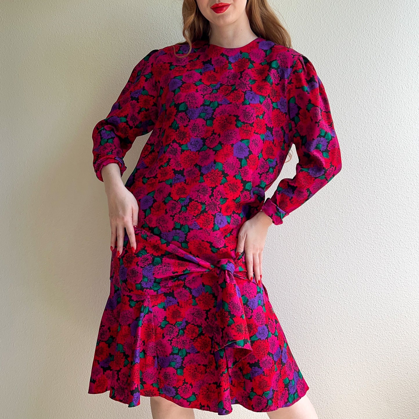 Beautiful 1980s Jewel-Toned Chrysanthemums Silk Dress (L/XL)