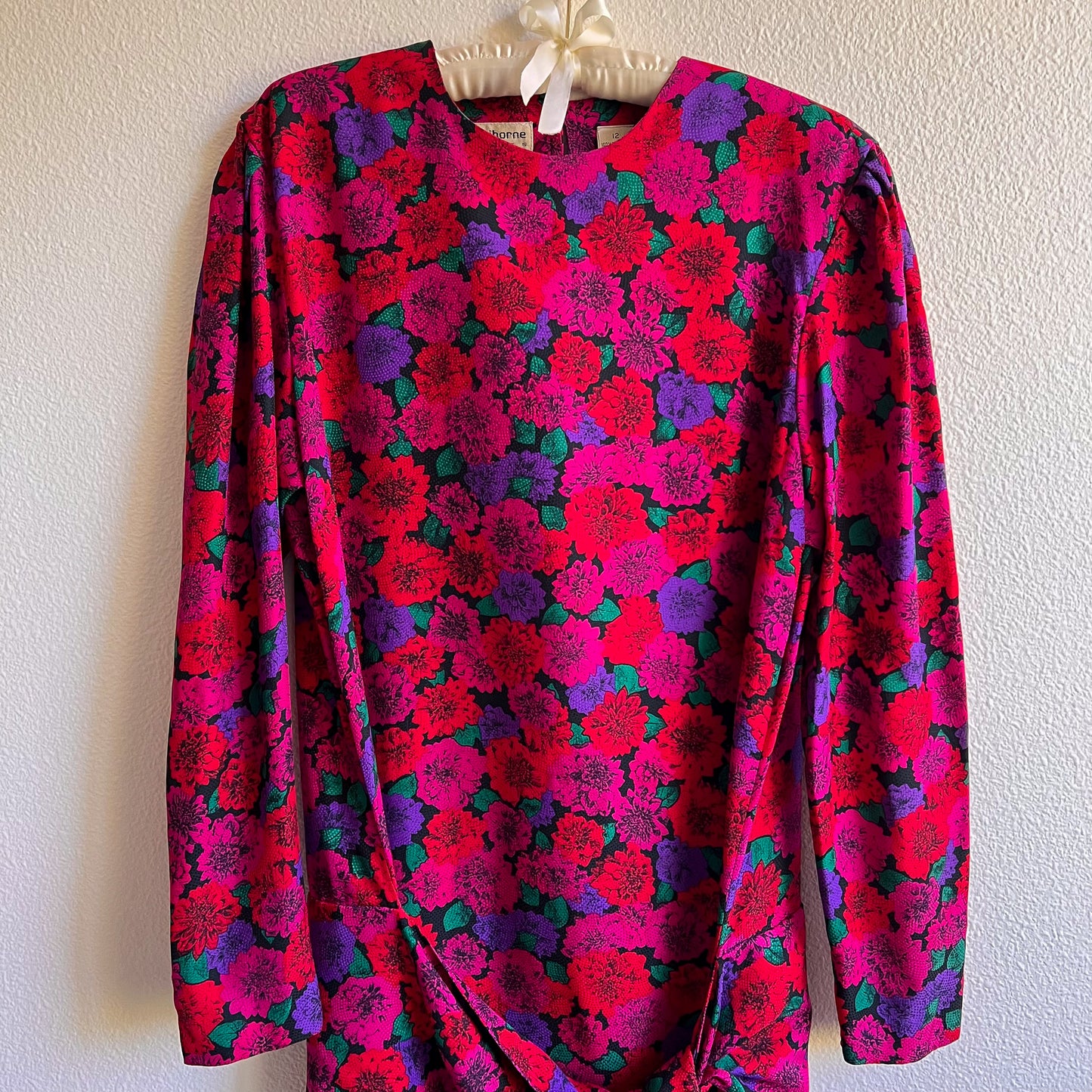 Beautiful 1980s Jewel-Toned Chrysanthemums Silk Dress (L/XL)