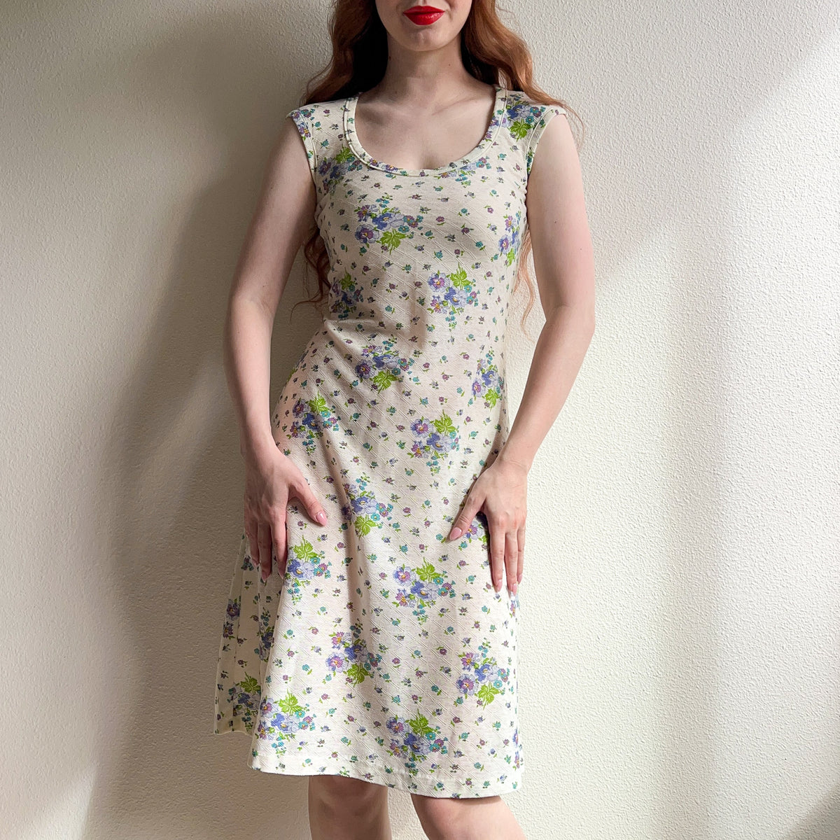 1980s Sheer Ivory Knit Dress With Purple Florals (S)
