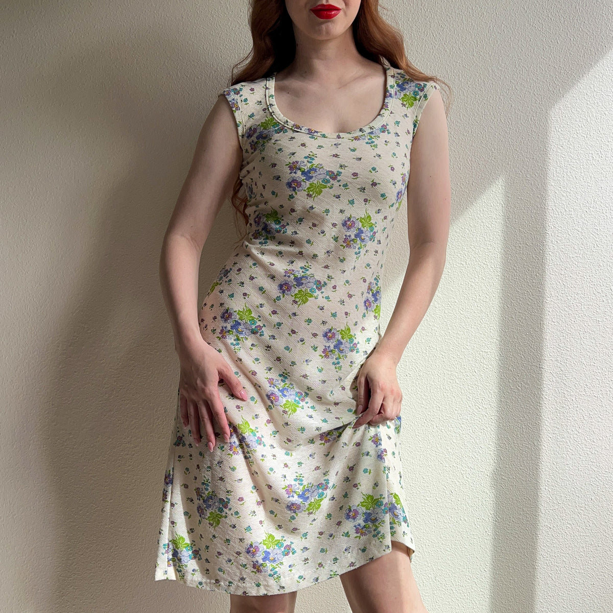1980s Sheer Ivory Knit Dress With Purple Florals (S)