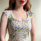 1980s Sheer Ivory Knit Dress With Purple Florals (S)