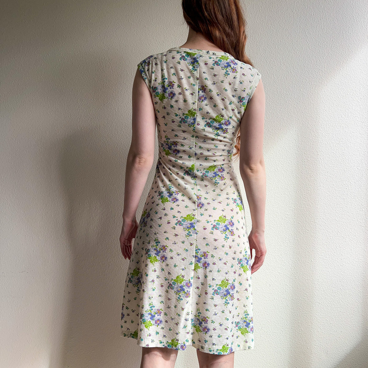 1980s Sheer Ivory Knit Dress With Purple Florals (S)
