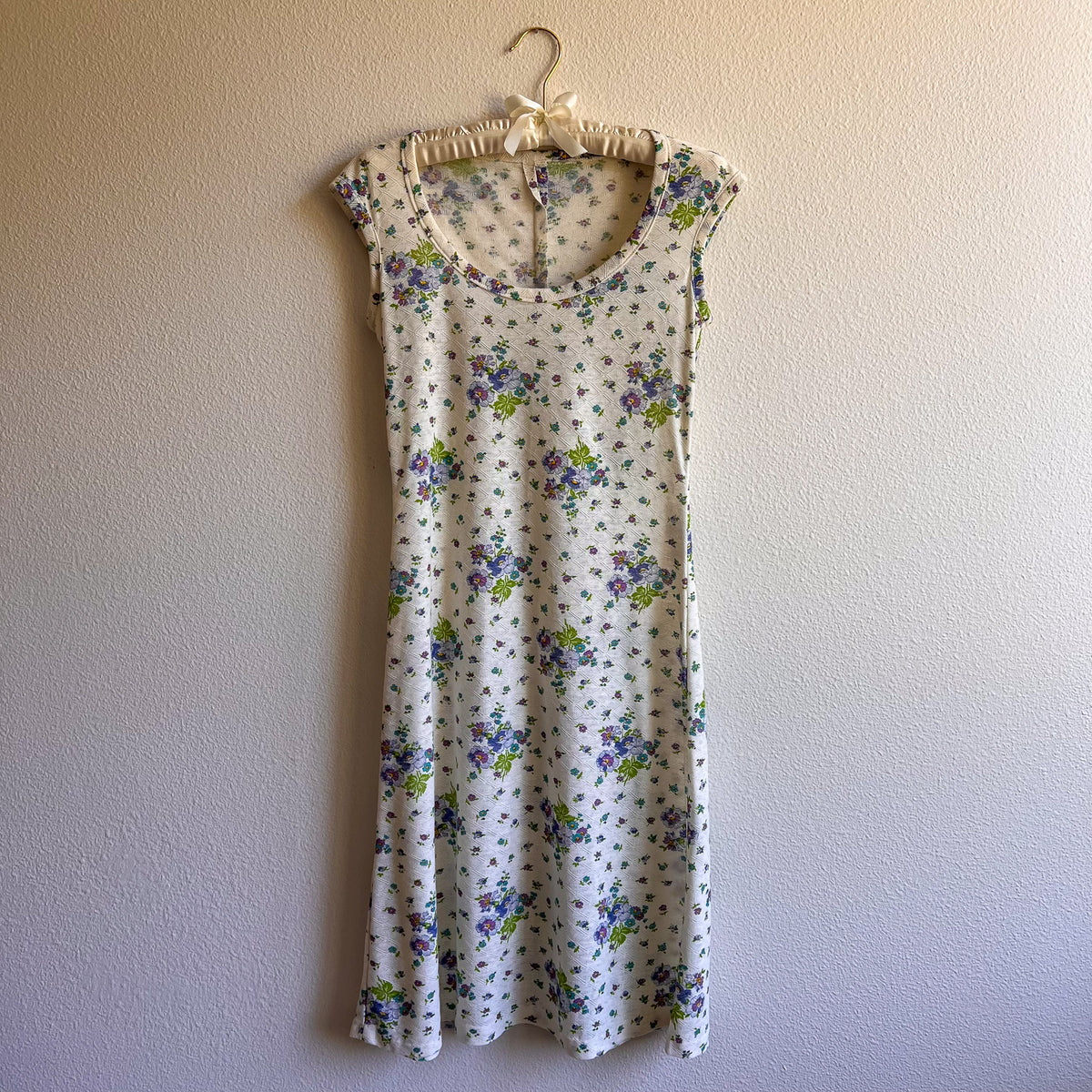 1980s Sheer Ivory Knit Dress With Purple Florals (S)