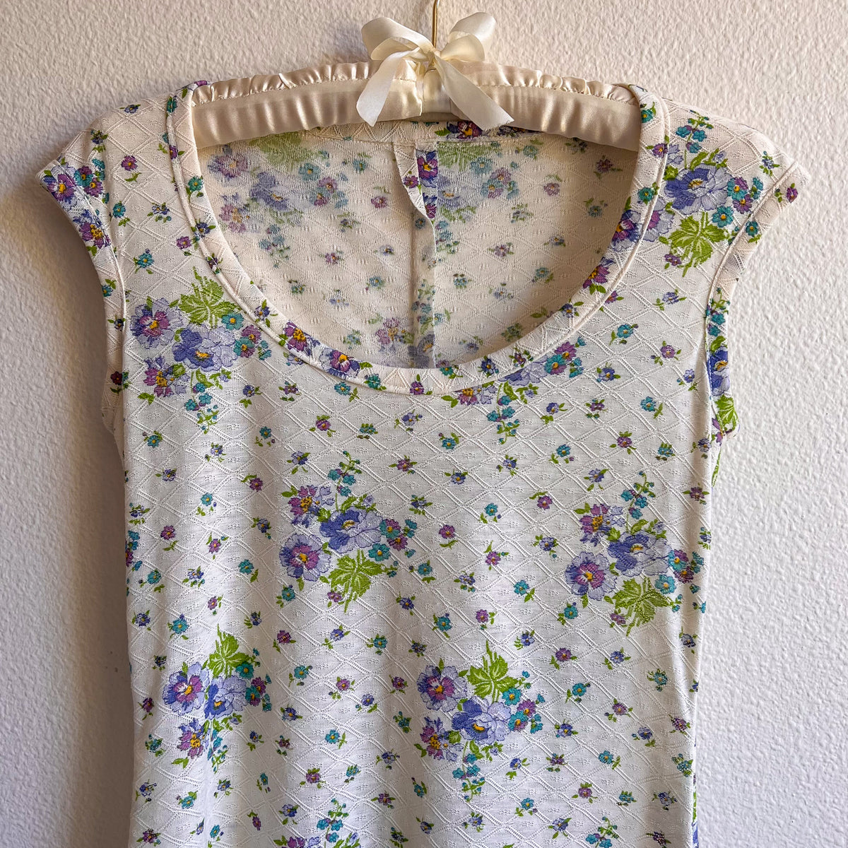 1980s Sheer Ivory Knit Dress With Purple Florals (S)