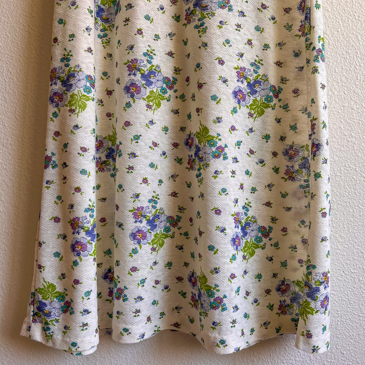 1980s Sheer Ivory Knit Dress With Purple Florals (S)