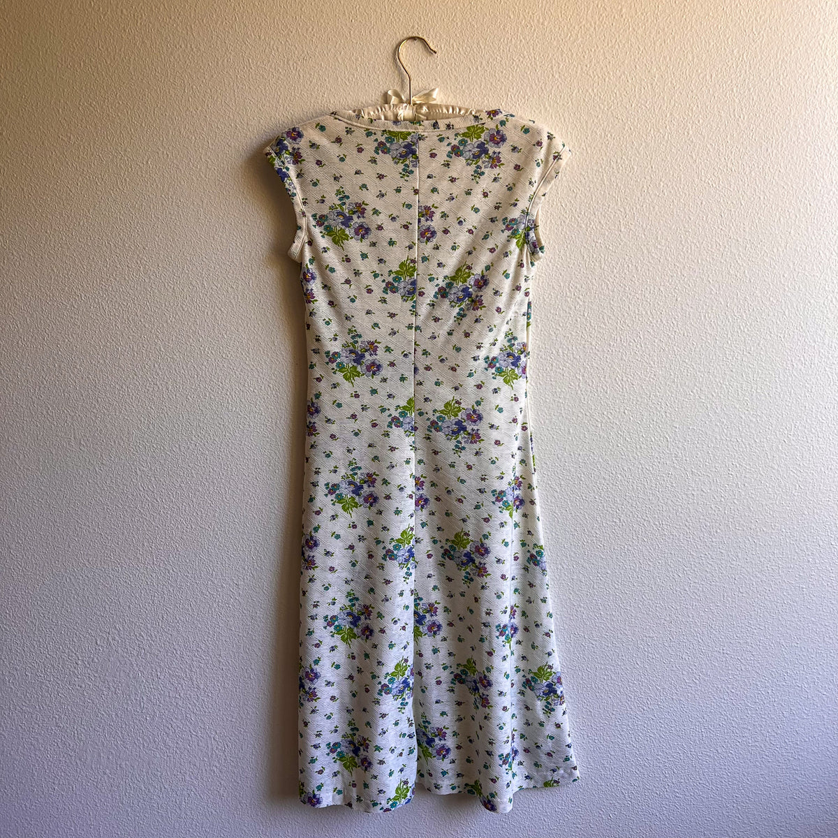 1980s Sheer Ivory Knit Dress With Purple Florals (S)