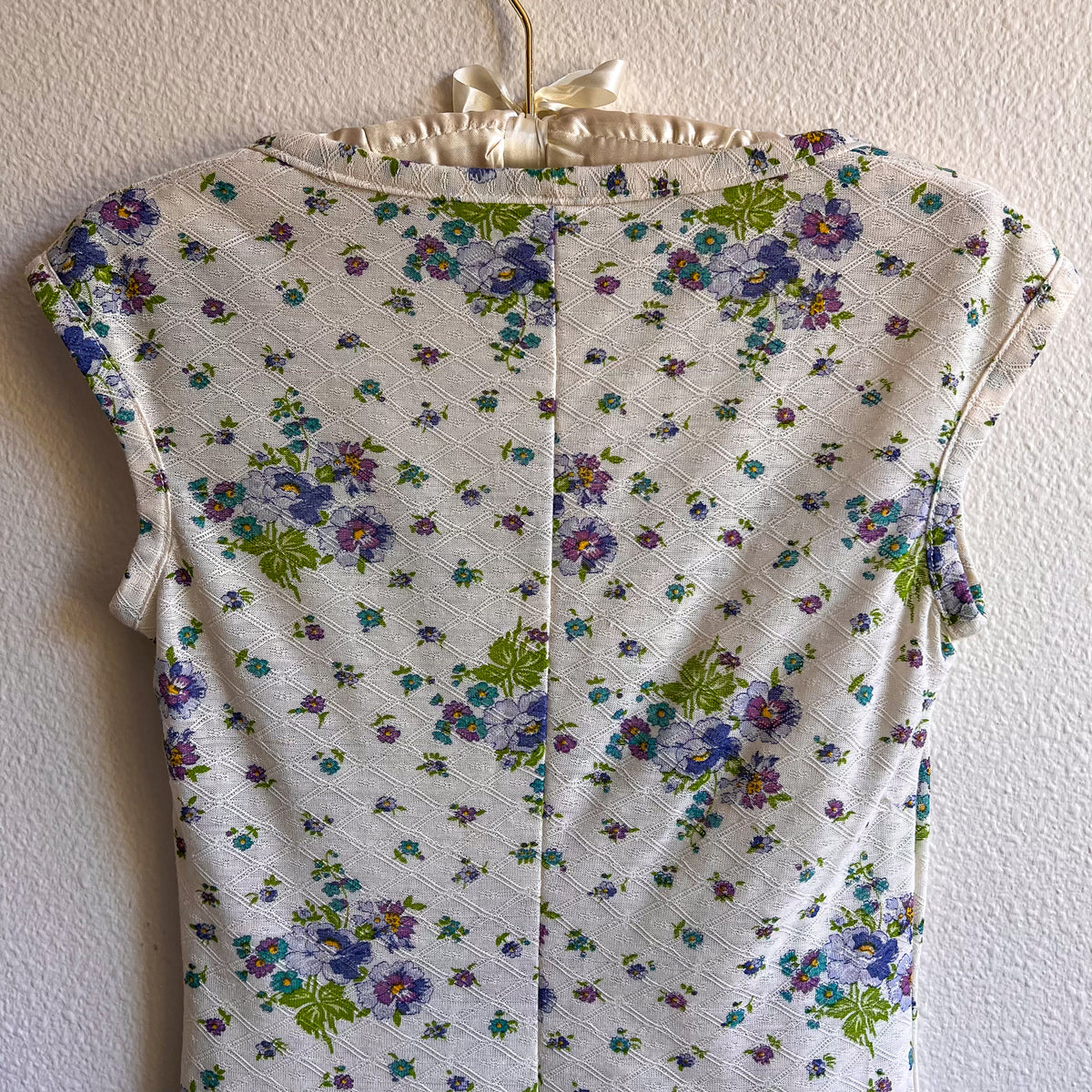 1980s Sheer Ivory Knit Dress With Purple Florals (S)