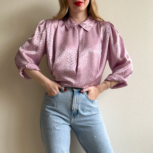 1980s Lilac Faux Silk Jacquard Blouse (M/L)