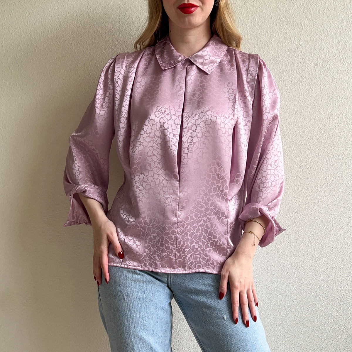 1980s Lilac Faux Silk Jacquard Blouse (M/L)