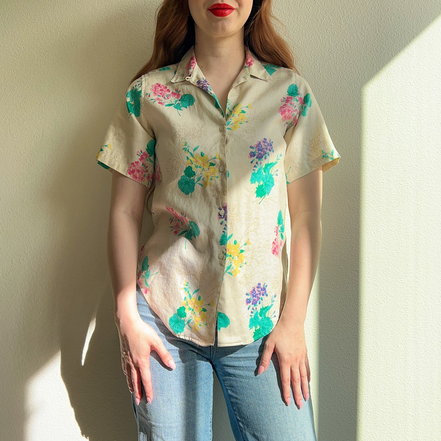 1980s Linen Button-Down With Summer Floral Print (S/M)