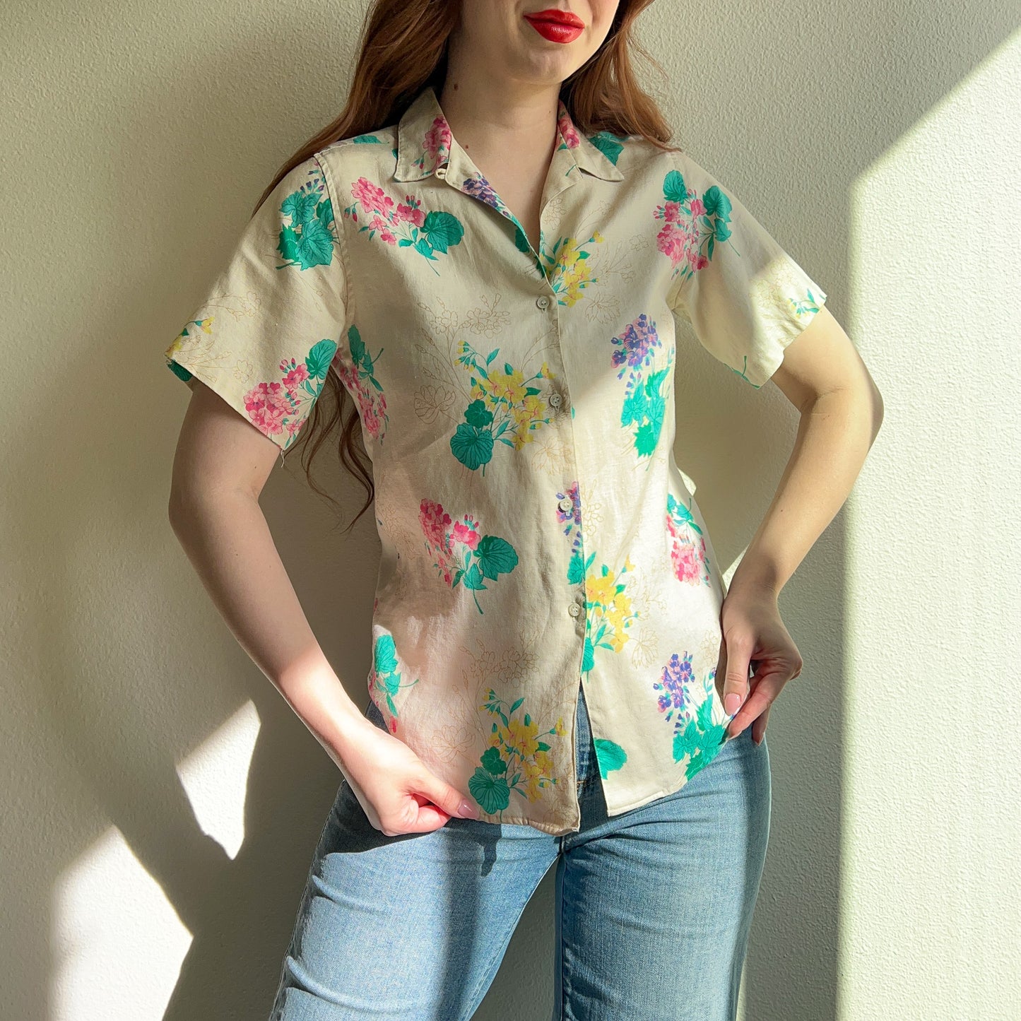 1980s Linen Button-Down With Summer Floral Print (S/M)